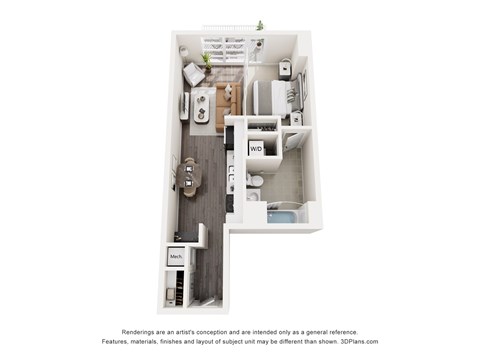 A 3D floor plan of a small apartment with a kitchen, living room, and bathroom.